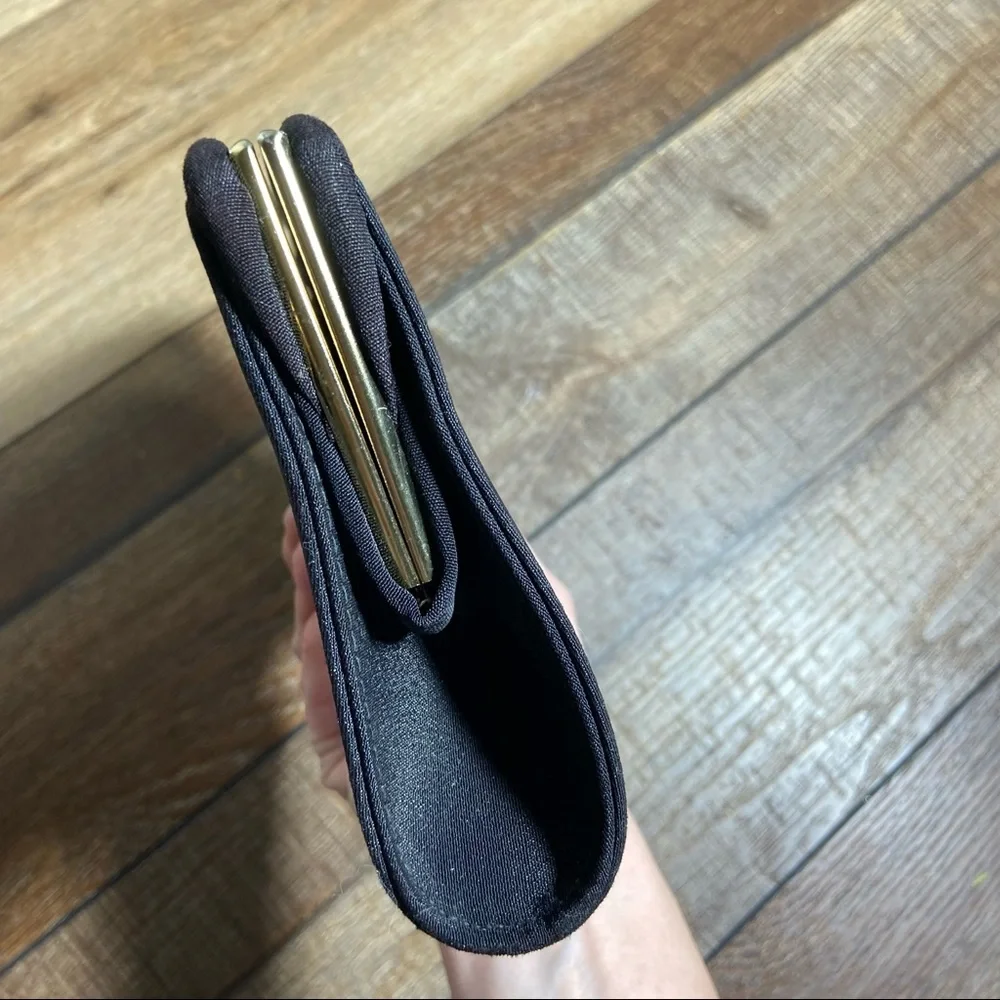 Vintage Satin Black and Gold Kiss Lock Clutch with Interior Coin Pouch